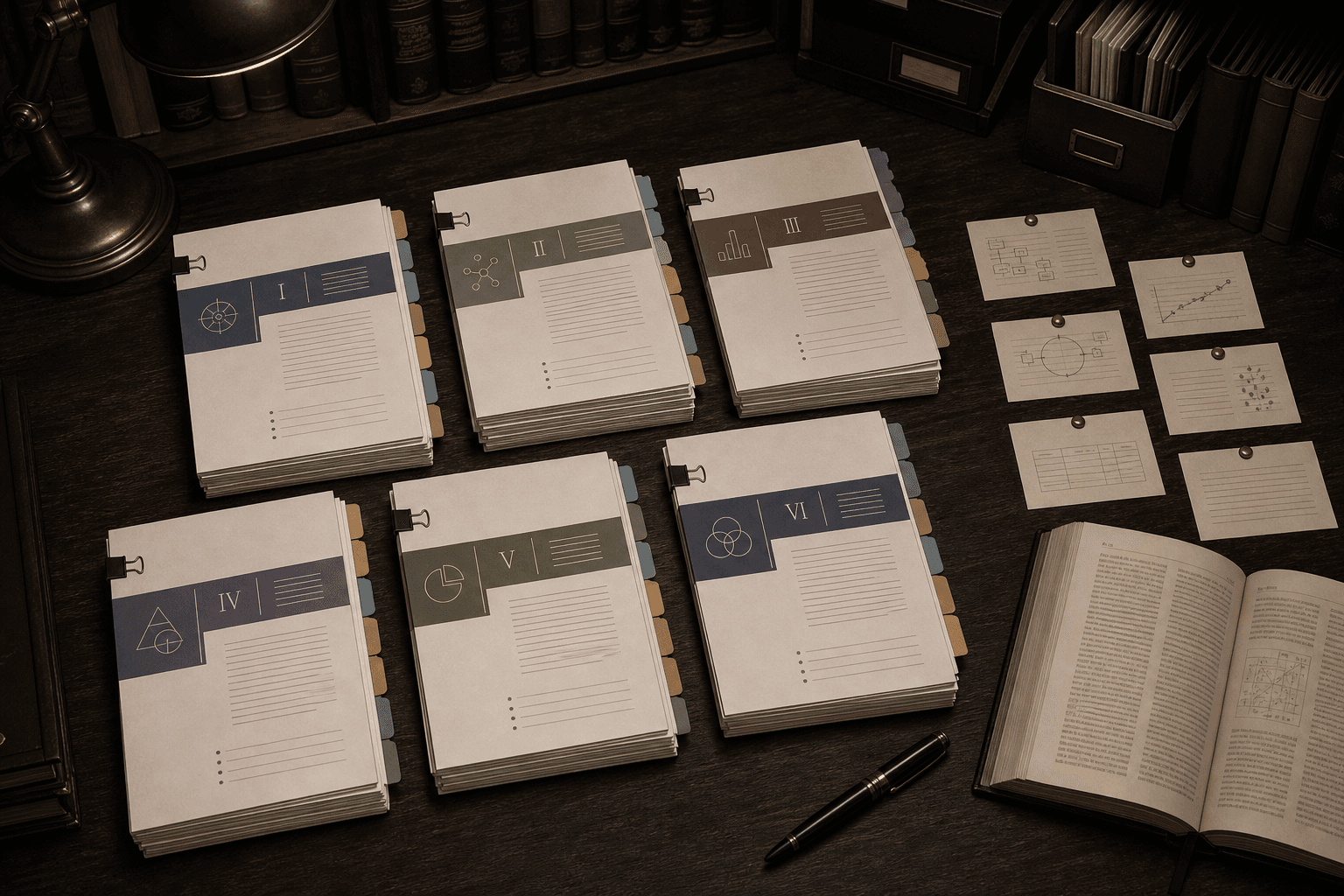 Stack of dissertation chapters with notes, literature extracts and revision marks