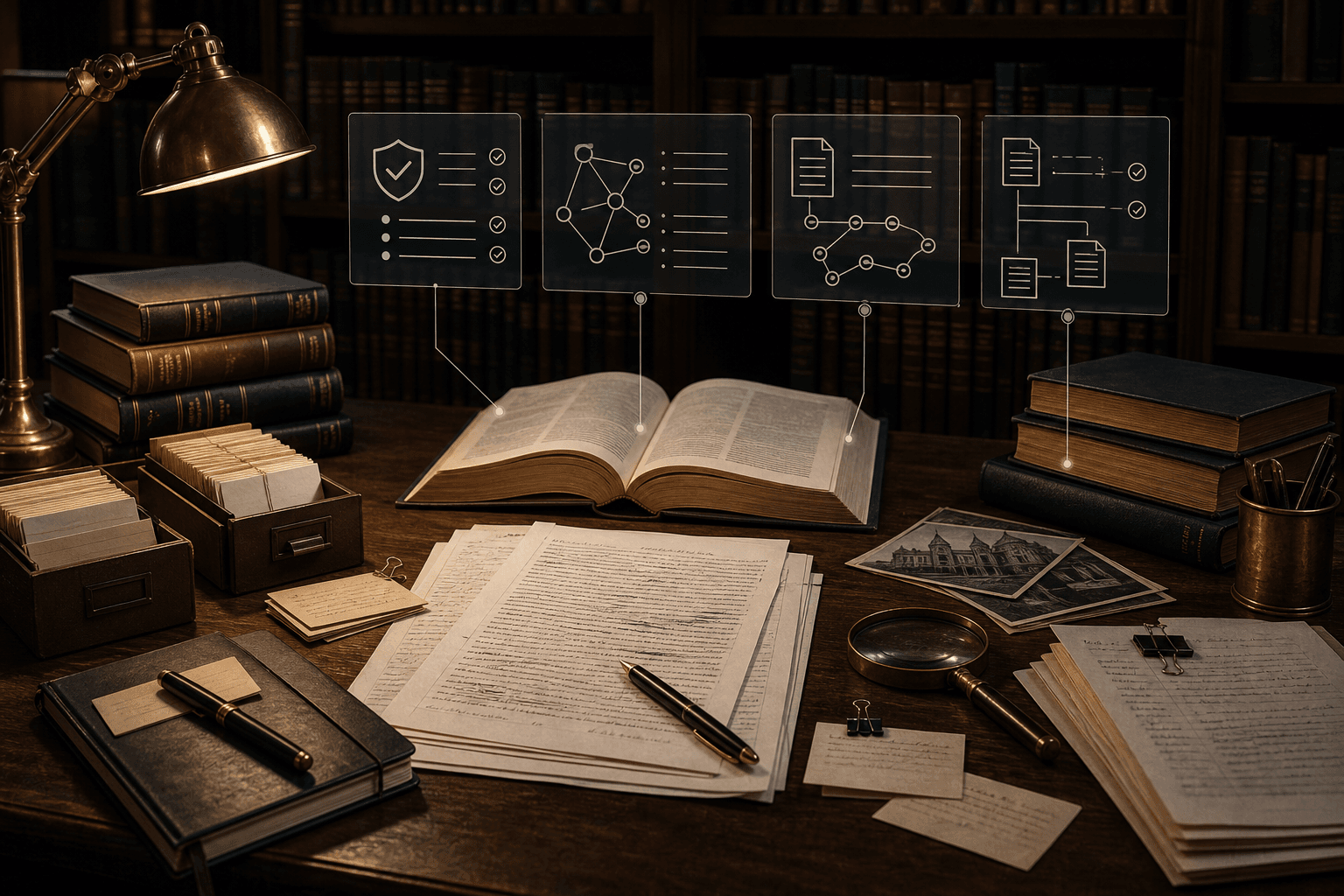 Calm dissertation workspace with books, chapter notes and a structured AI research workflow